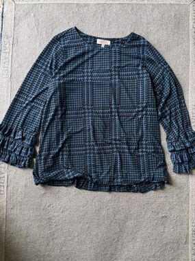 Philosophy Navy and Black Plaid Ruffle-Sleeve Top